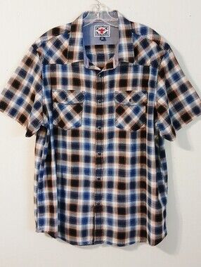 Desert Sun By Flag & Anthem Short Sleeve Plaid Western Shirt Pearl Snaps Size XL